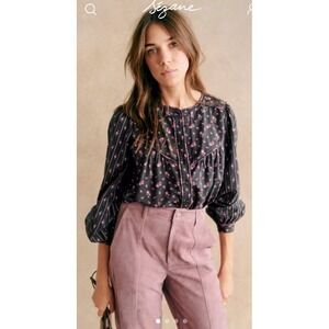 Sezane Women Size 42/US 10  Milou Shirt Maxi Floral Patchwork Black Blouse
